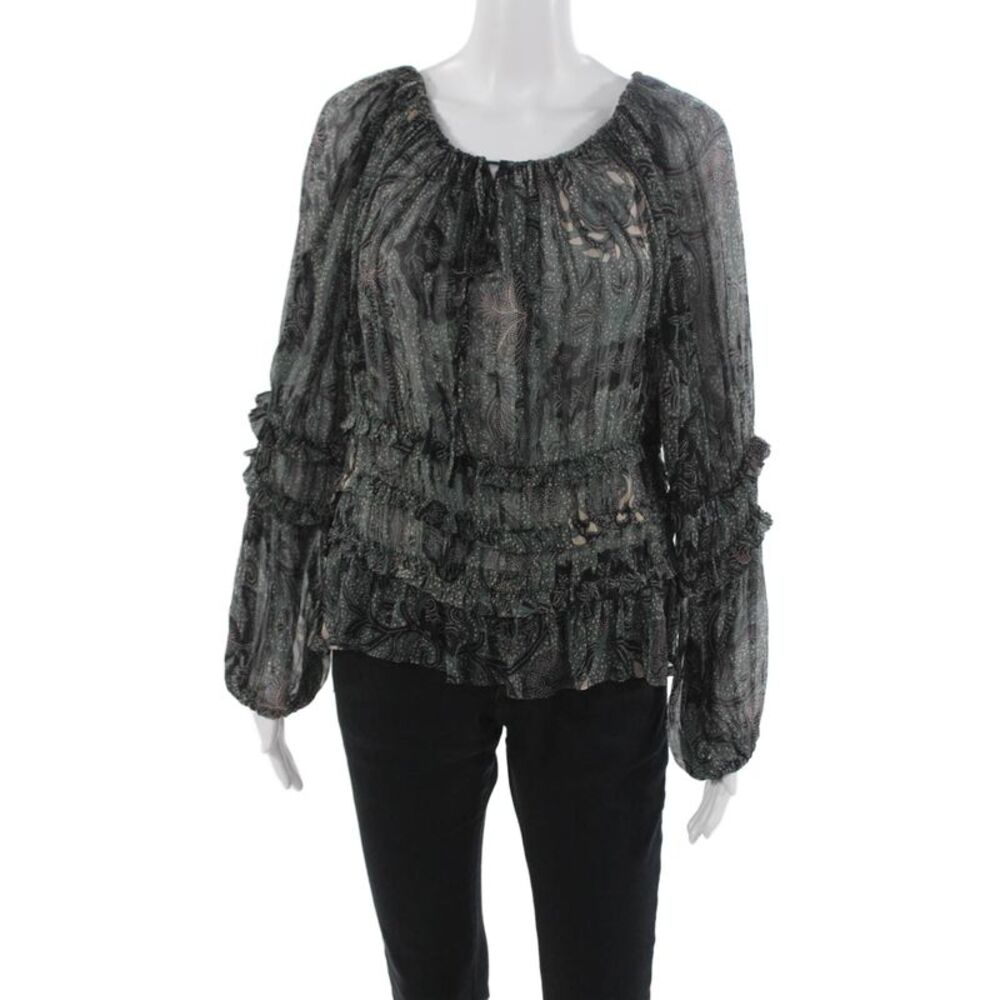 Laurence Bras Womens Green Paisley Viscose Scoop Neck Long Sleeve Blouse Size 1